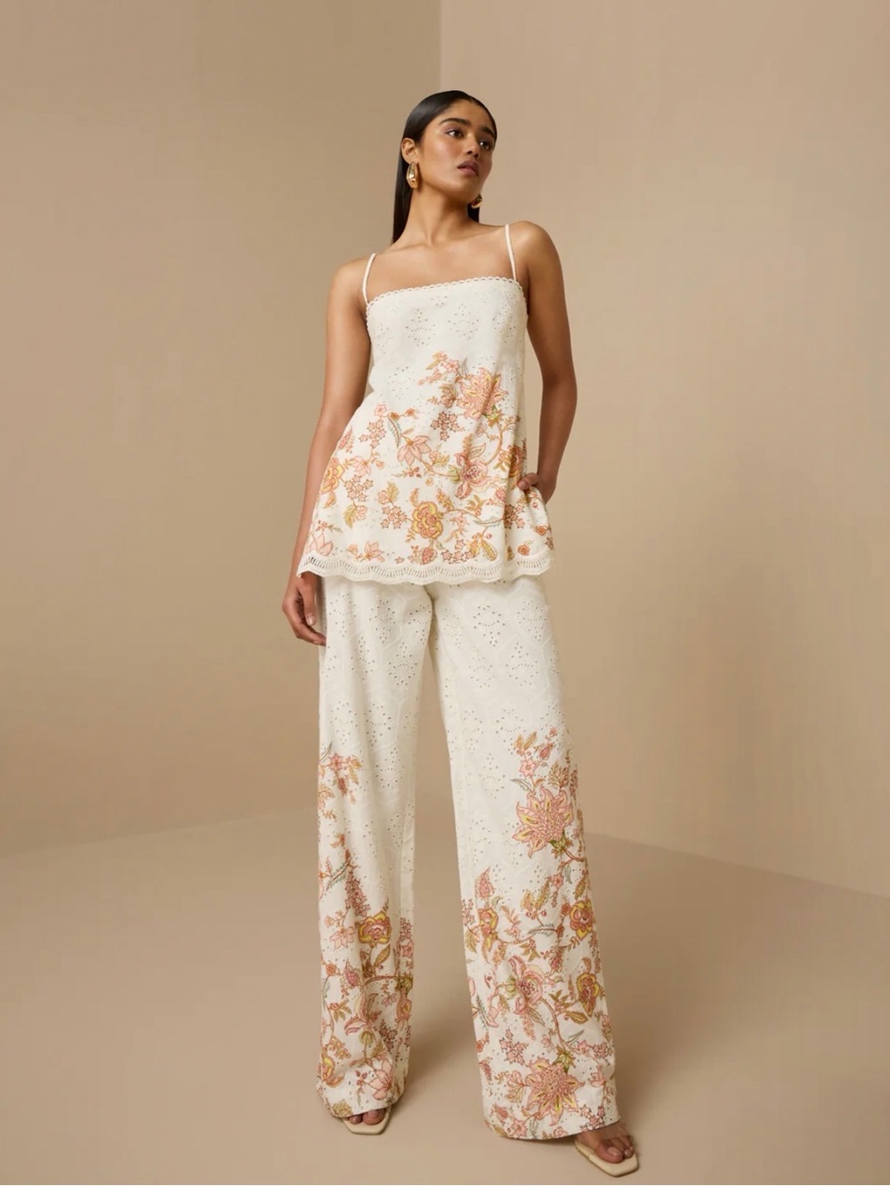 A648. Floral Embroidered Wide-Leg Pants & Cami Set